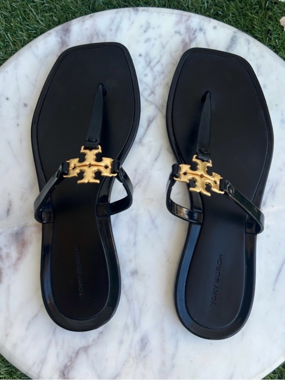 Tory Burch Black Jelly Thong Sandals with Gold Logo
